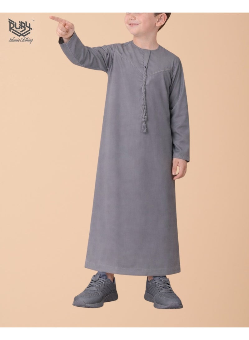 RUBY ISLAMIC CLOTHING Classic Light Grey Emirati Thobe (Kandura) for Children & Kids with Intricate Embroidery, Kaftan, Round Neck, Long Sleeve, Saudi Arabian Muslim Robe - Image 3